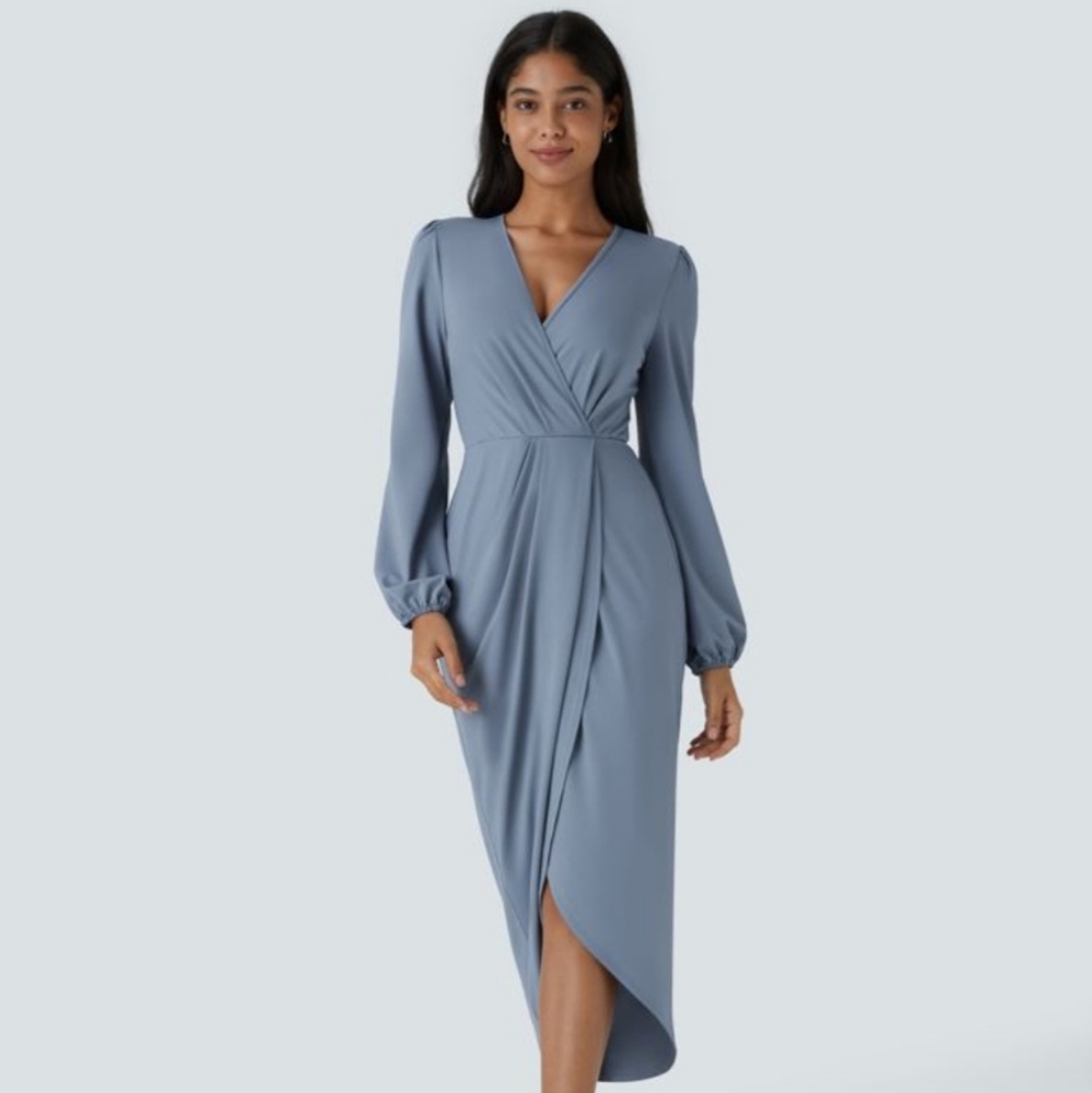 NWT HALARA V Neck Long Sleeve Tulip Hem Midi Dress ( Size: L)
